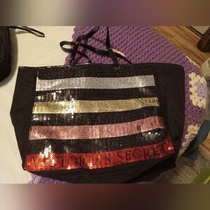 NWT Victoria's Secret Black Tote with Sequin Stripes Red Silver Gold Pink